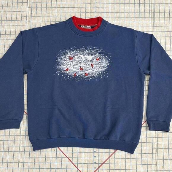 Tops - Vintage Grandma Sweatshirt Womens Large Birds Graphic Farm Cardinals Winter Blue